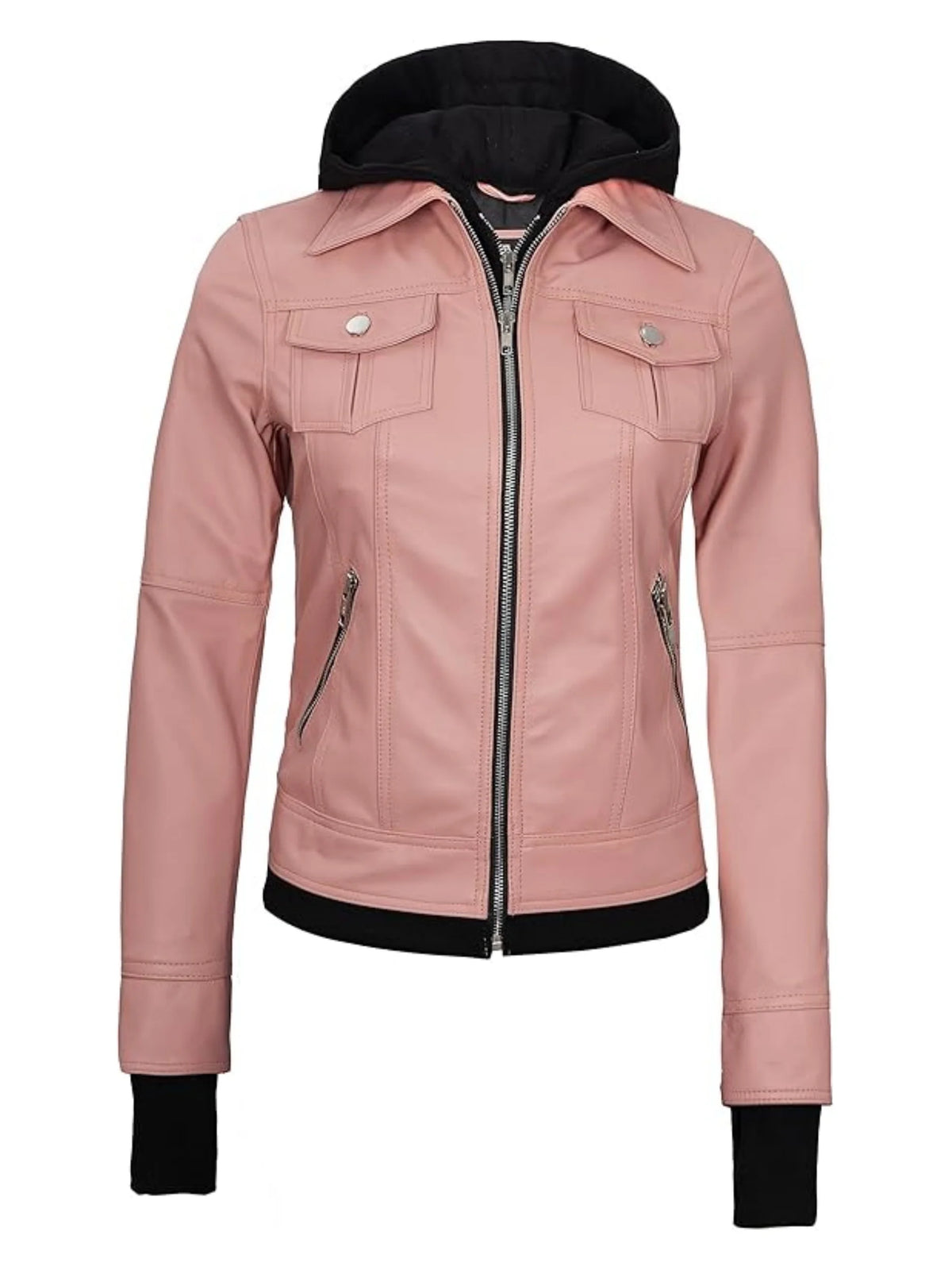 Women's Hooded Faux Leather Jacket in Pink