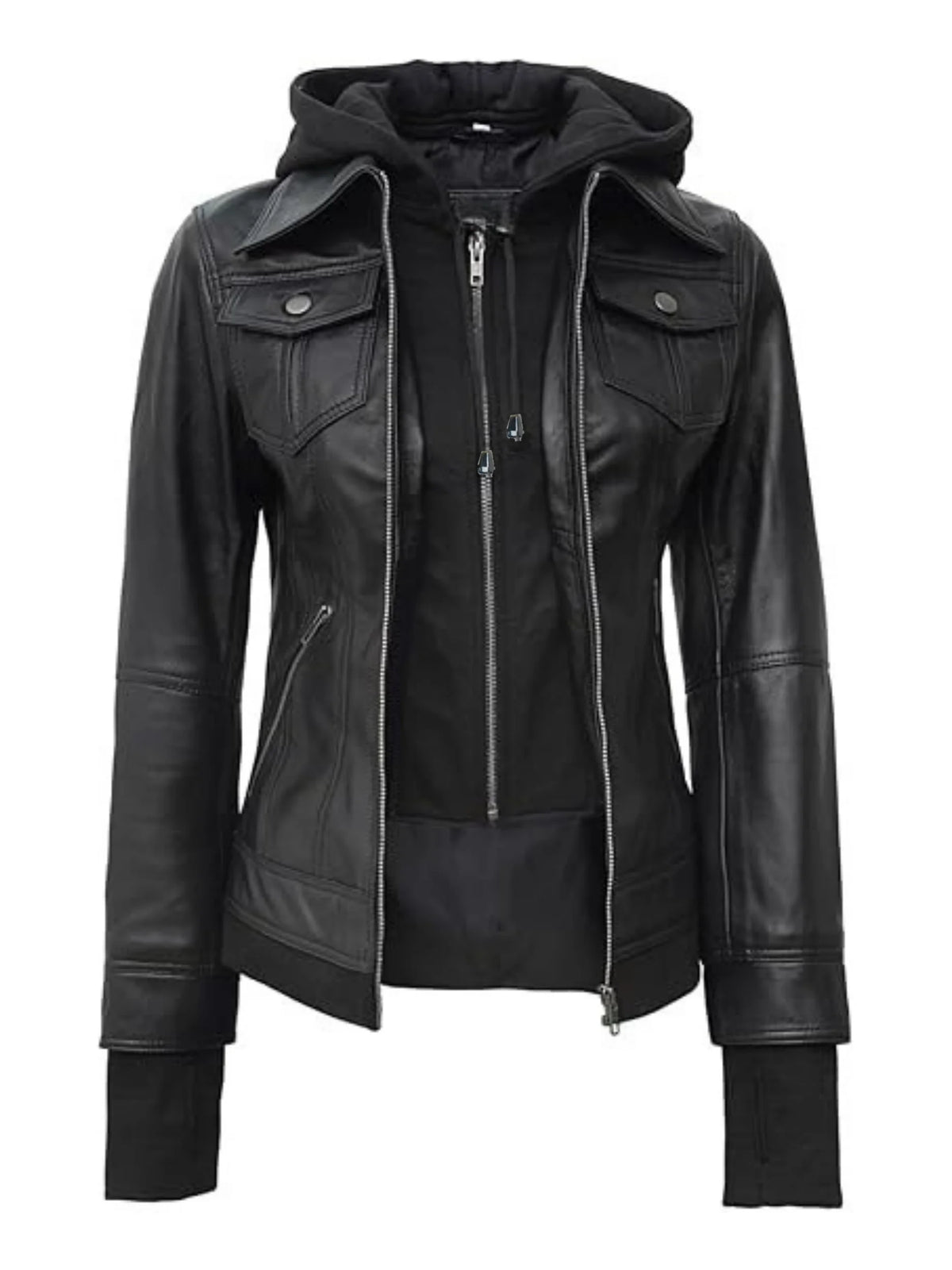 Women's Hooded Faux Leather Jacket in Black