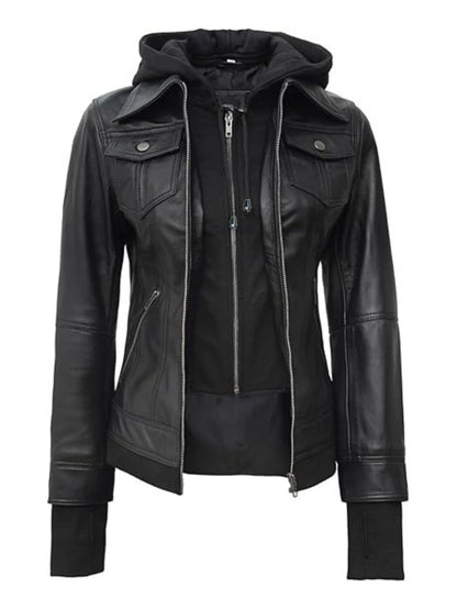 Women's Hooded Faux Leather Jacket in Black