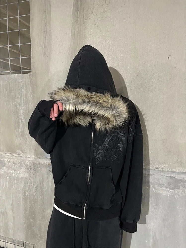 Women's Faux Fur Collar Zip-Up Hoodie