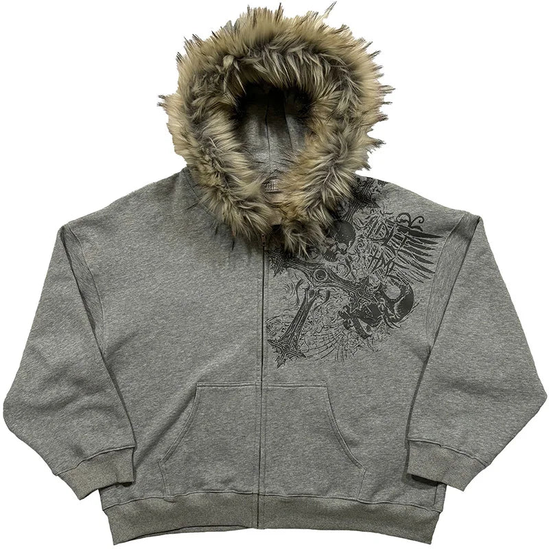 Women's Faux Fur Collar Zip-Up Hoodie in Gray