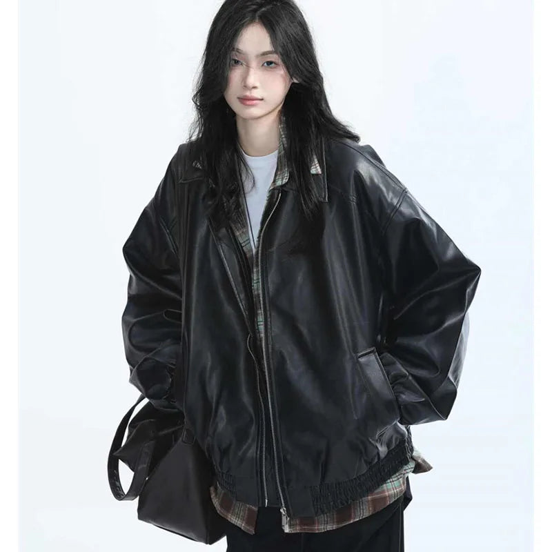 Women's Retro Faux Leather Jacket in Black