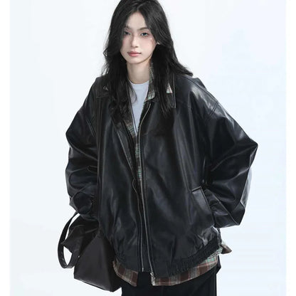 Women's Retro Faux Leather Jacket in Black