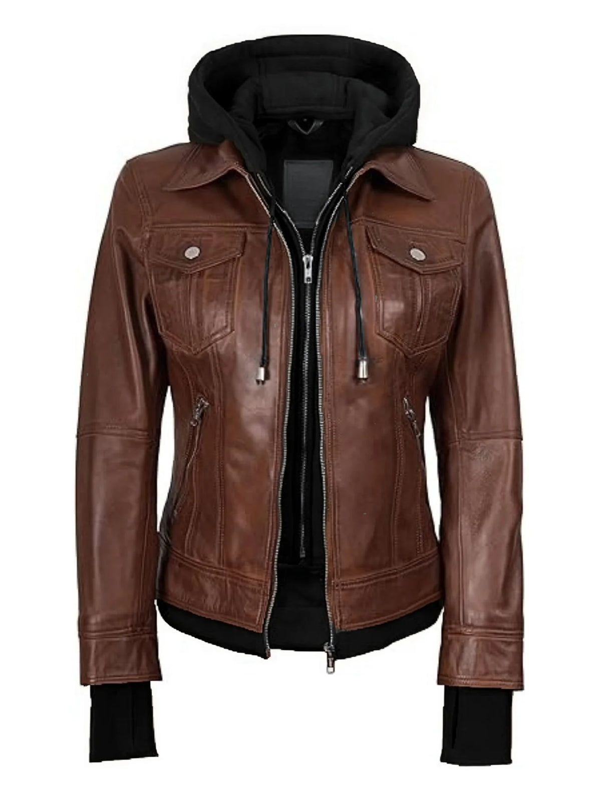 Women's Hooded Faux Leather Jacket in Coffee Brown