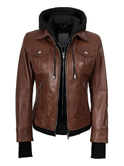 Women's Hooded Faux Leather Jacket in Coffee Brown