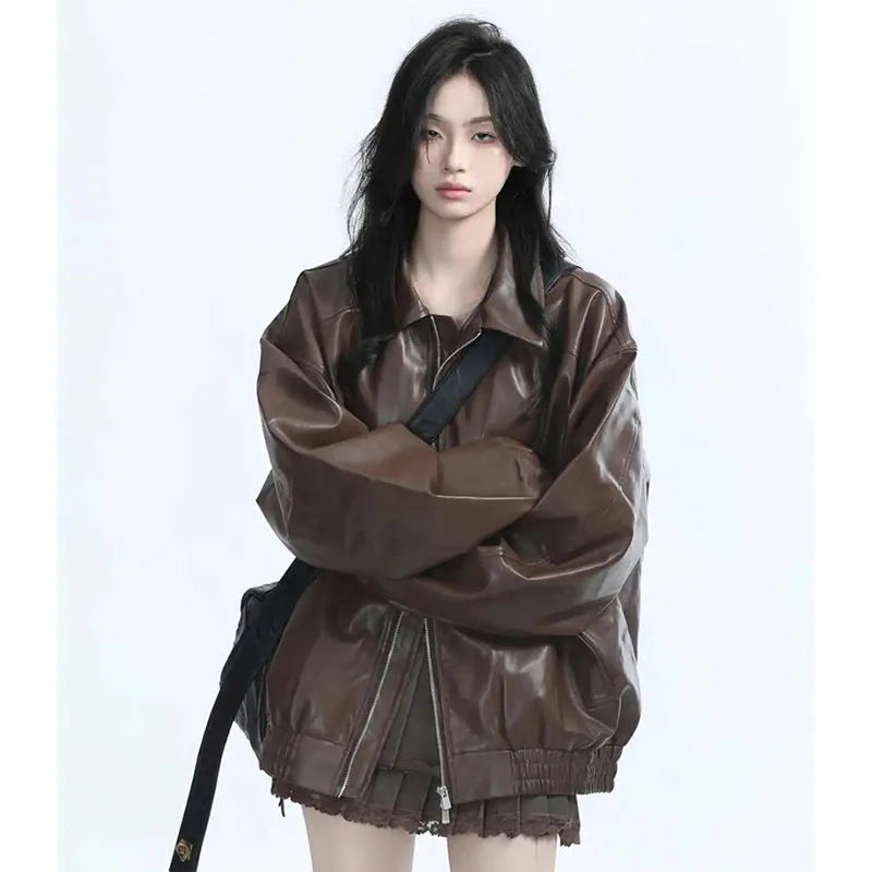 Women's Retro Faux Leather Jacket in Coffee Brown