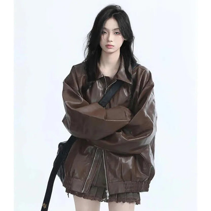 Women's Retro Faux Leather Jacket in Coffee Brown