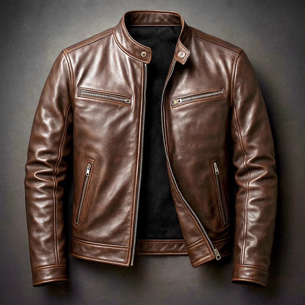 Men's Faux Leather Moto Jacket in Coffee