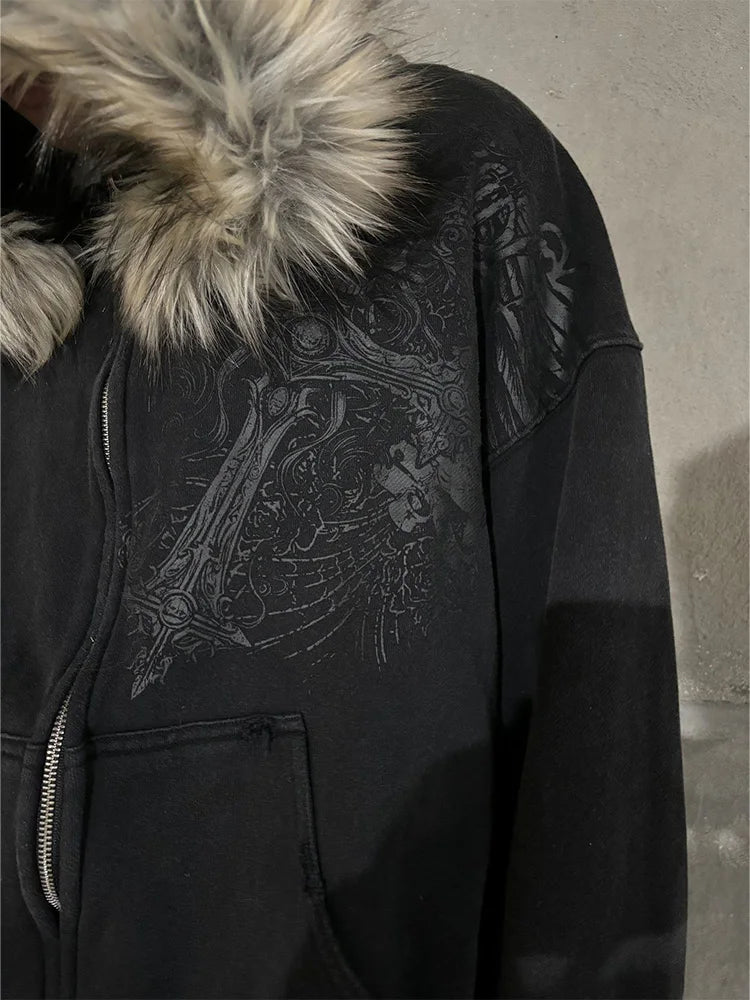 Women's Faux Fur Collar Zip-Up Hoodie - view 2