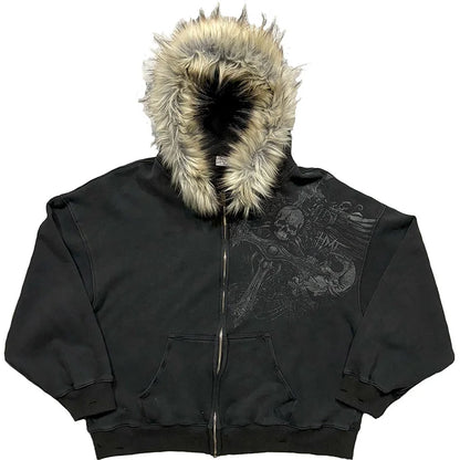 Women's Faux Fur Collar Zip-Up Hoodie in Black