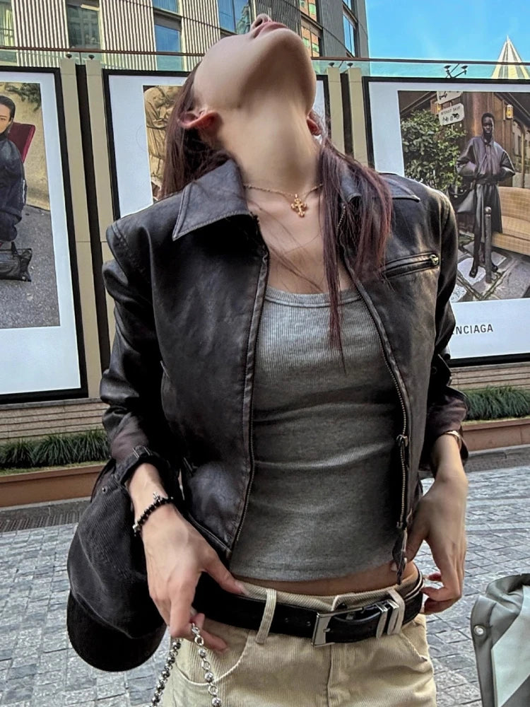 Women's Cropped Faux Leather Jacket in Brown