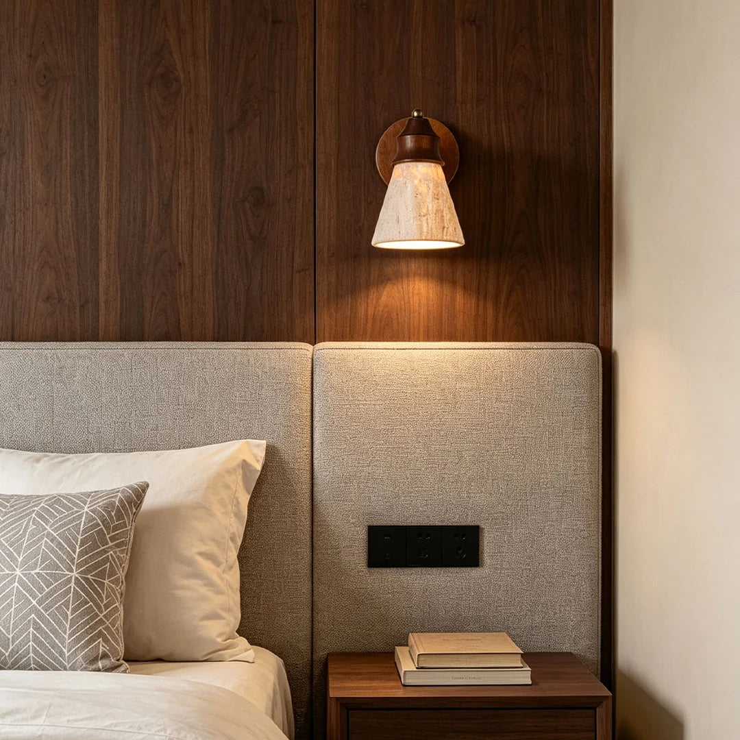 Down Light Wall Sconce Wabi-Sabi Travertine and Wood Light - view 3