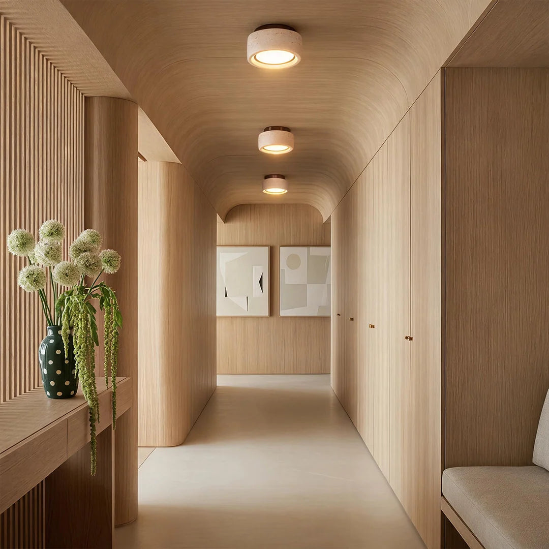 Flush Mount Entry Light Wabi-Sabi Travertine and Wood LED Light - view 2