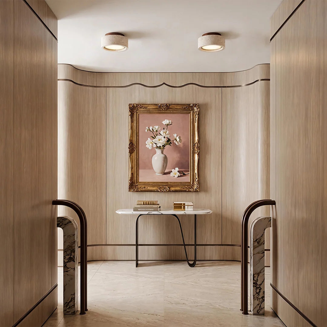 Flush Mount Entry Light Wabi-Sabi Travertine and Wood LED Light - view 3