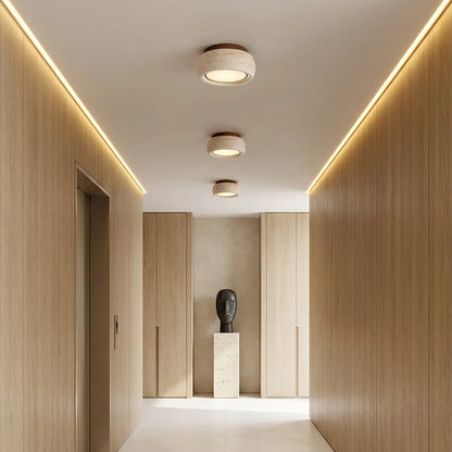 Flush Mount Entry Light Wabi-Sabi Travertine and Wood LED Light