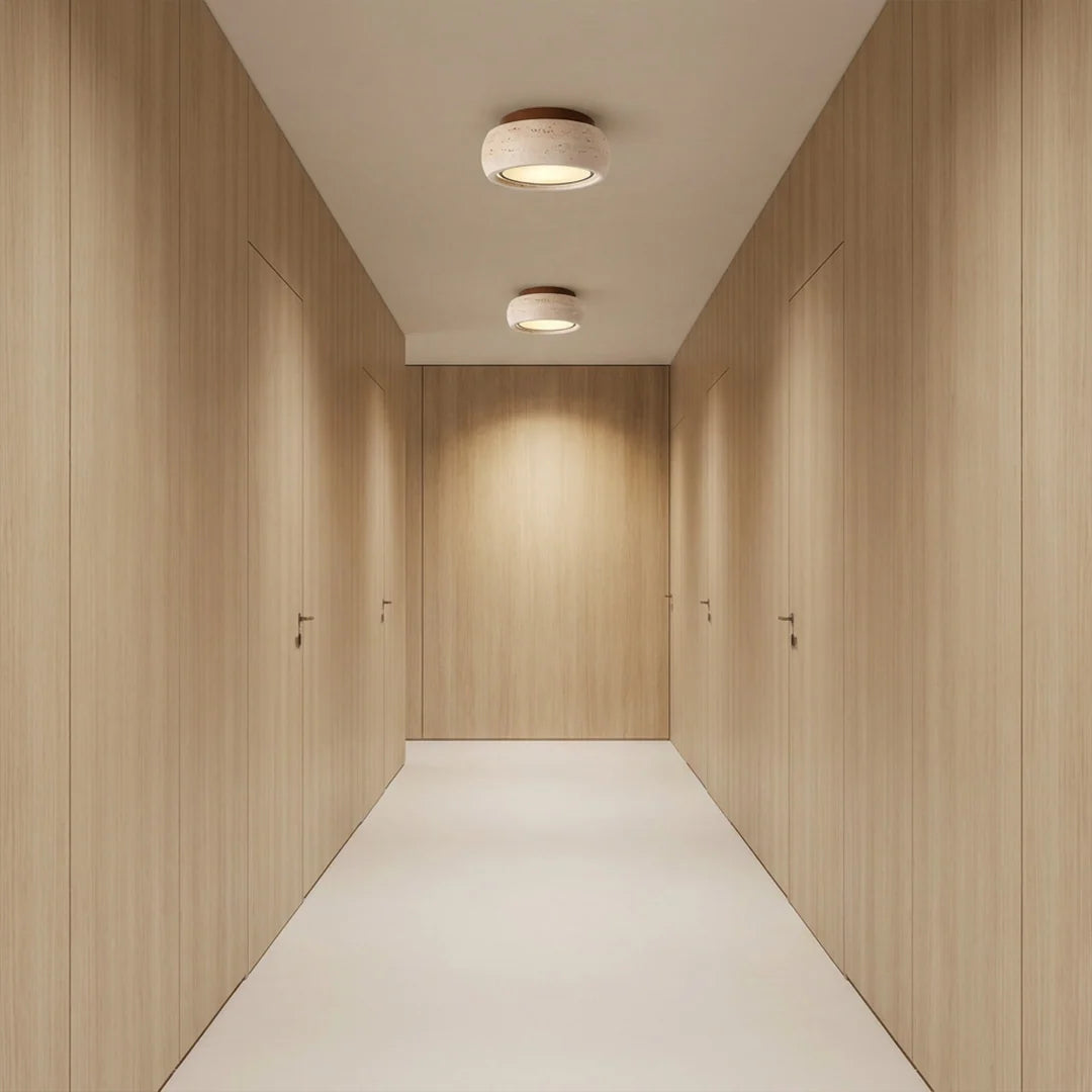 Flush Mount Entry Light Wabi-Sabi Travertine and Wood LED Light - view 4