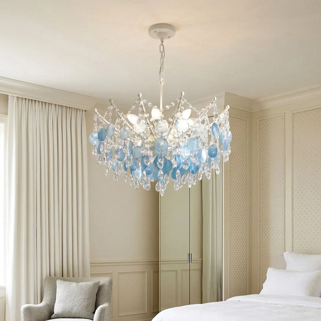 Glam Chandelier French Cream-Style Shell and Crystal Ceiling Light