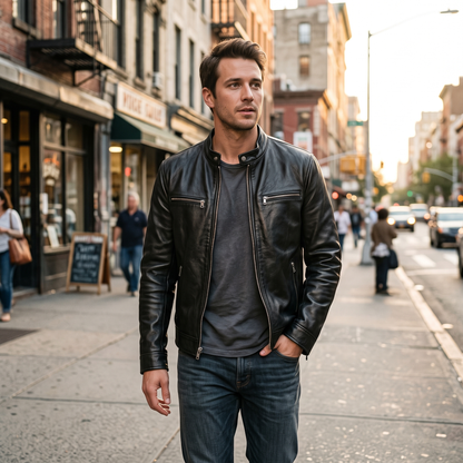 Men's faux leather moto jacket worn on the street