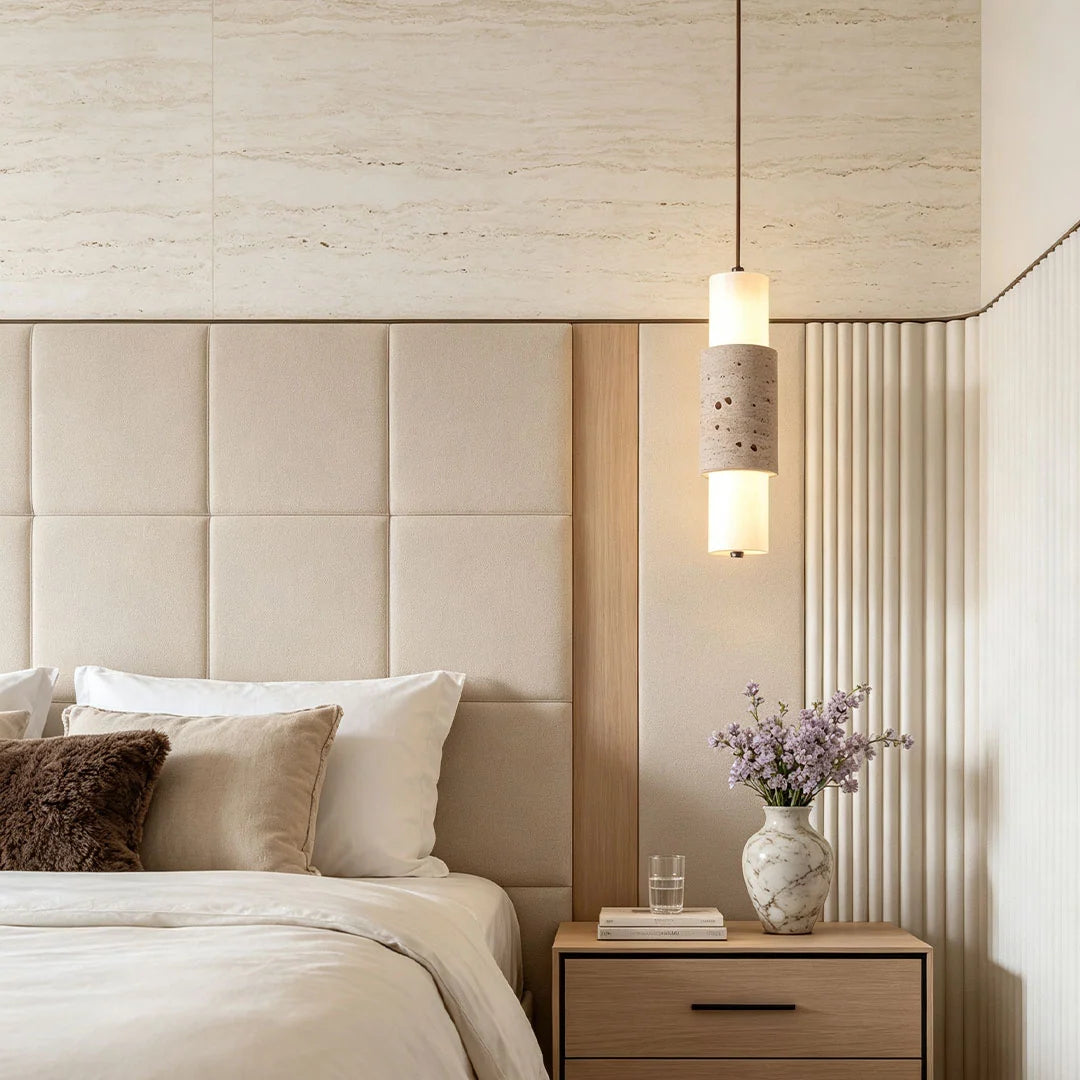 Modern LED Pendant Lights Travertine and Wood Bedside Ceiling Light - view 4