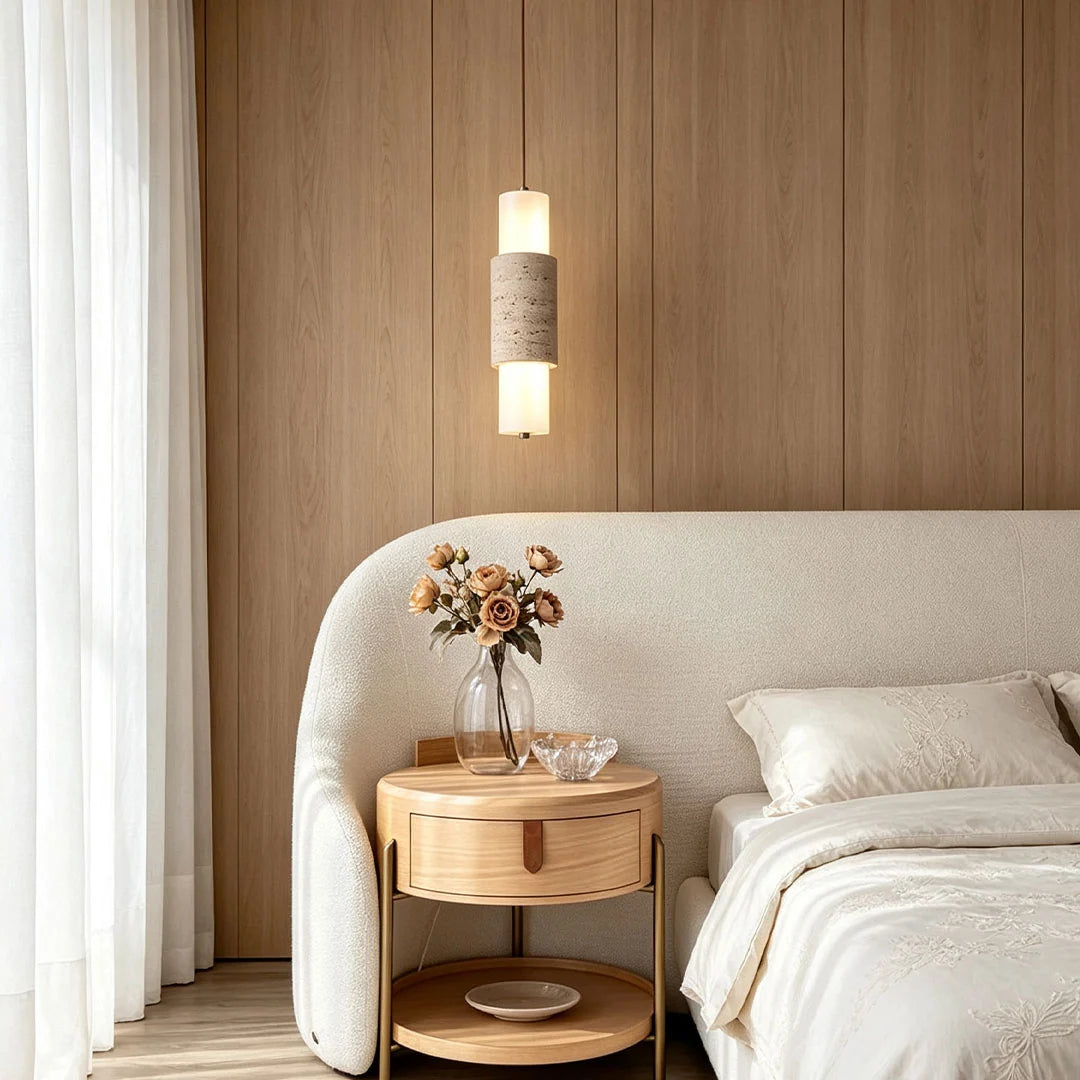 Modern LED Pendant Lights Travertine and Wood Bedside Ceiling Light - view 3