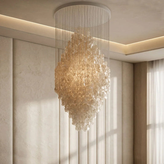 Modern Staircase Chandelier Cream-Style Round Shell Ceiling Light