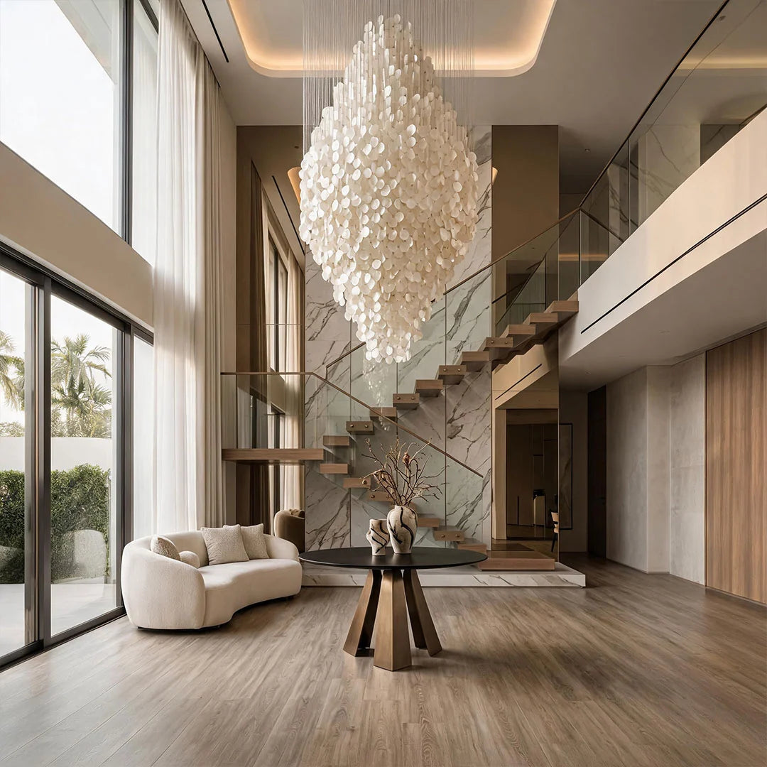 Modern Staircase Chandelier Cream-Style Round Shell Ceiling Light - view 2