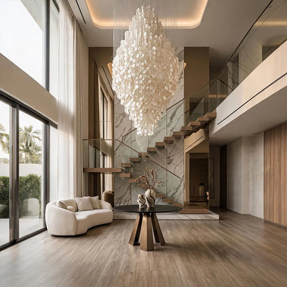 Modern Staircase Chandelier Cream-Style Round Shell Ceiling Light - view 2