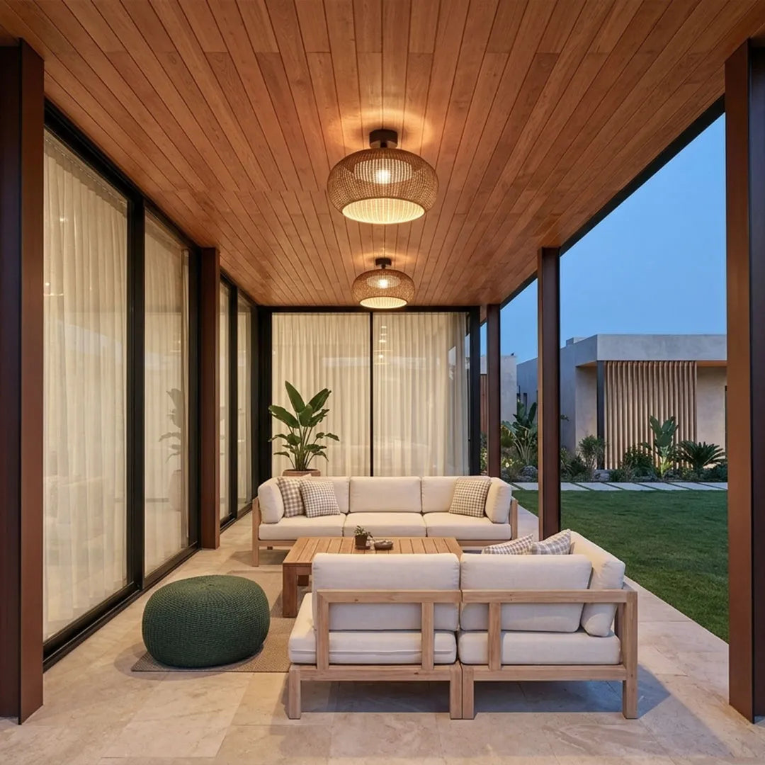 Woven Flush Mount Light Rattan Outdoor Waterproof Ceiling Light - view 2